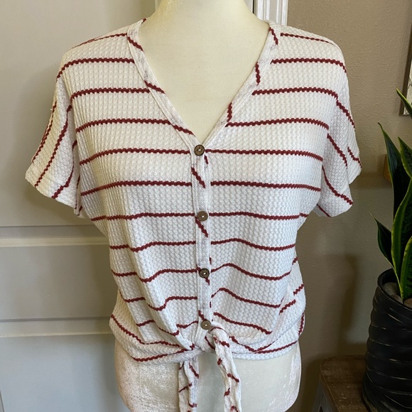 Paper Crane Button Down Front Tie Stripe Shirt - Picture 3 of 10